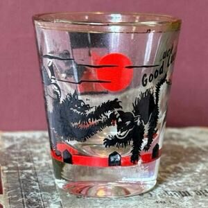 Vintage “Good Luck” Shot Glass • Black Cat & Man Graphic • Red Sun • 2.25”